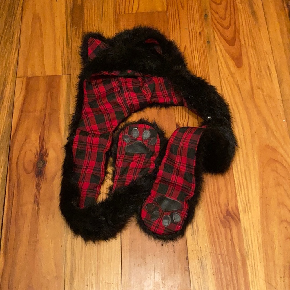 Hooded black/red plaid scarf cat ears. Paws as mittens.